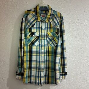 1481 Levi's Boys Youth Casual Plaid Shirt - Blue, Yellow, and White. SzM